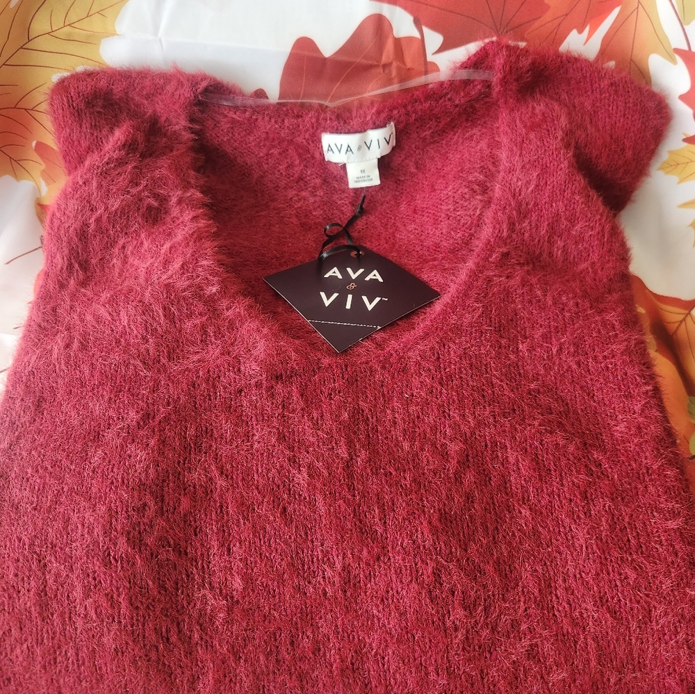 Ava & Viv Fuzzy Deep Berry V-Neck Sweater